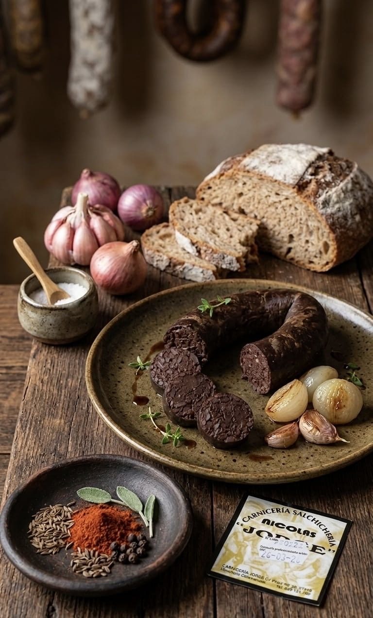 Morcilla de Macotera cortada en un plato, con pan y la etiqueta de Carnicería Jorge