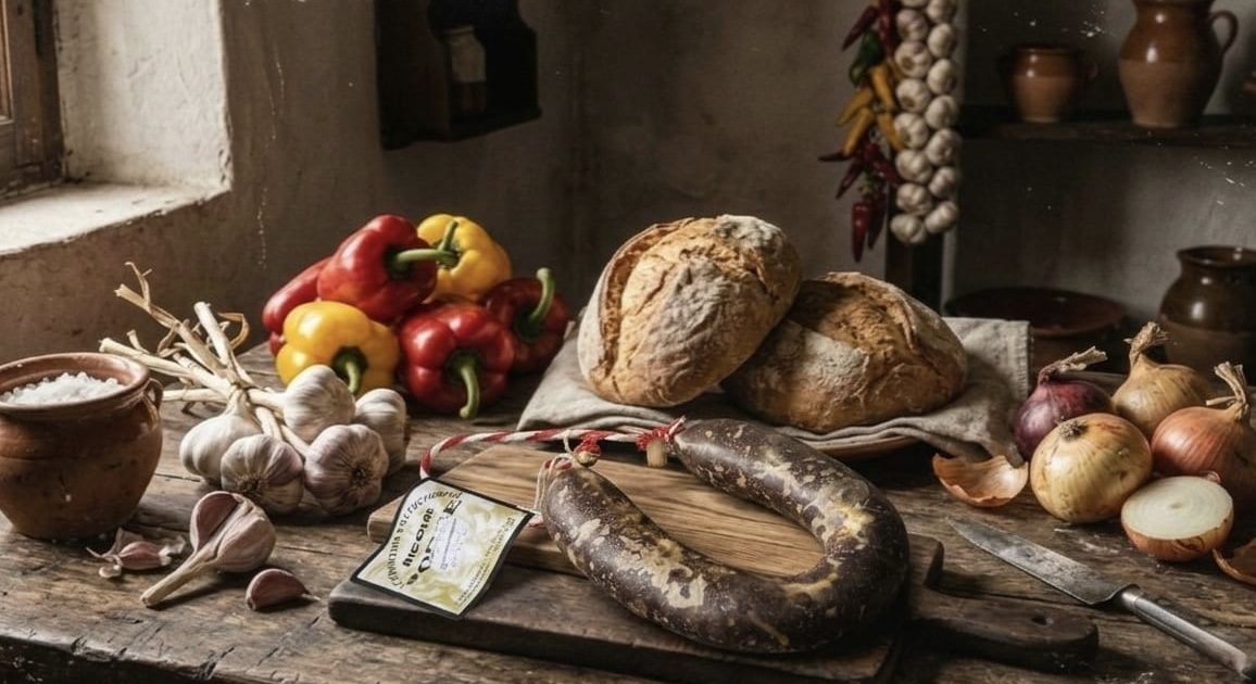 Morcilla de Macotera de Carnicería Jorge sobre una tabla, con pan, cebollas y ajos