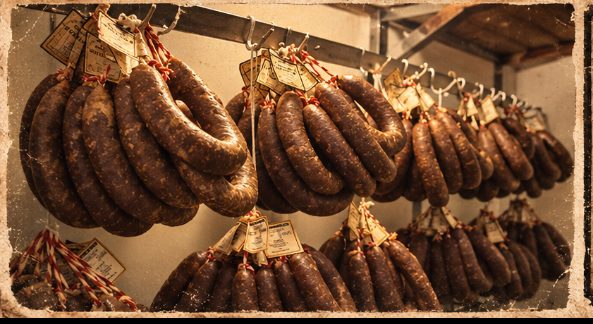 Morcillas de Macotera colgadas en la cámara con su cordel rojo y blanco