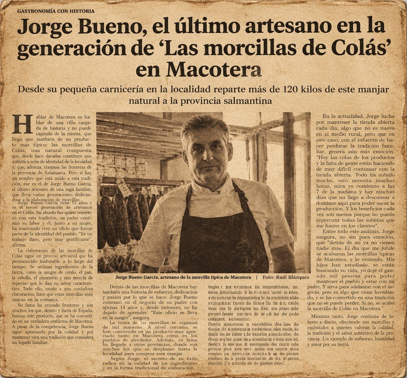 Reportaje de prensa sobre Jorge Bueno y la morcilla de Macotera